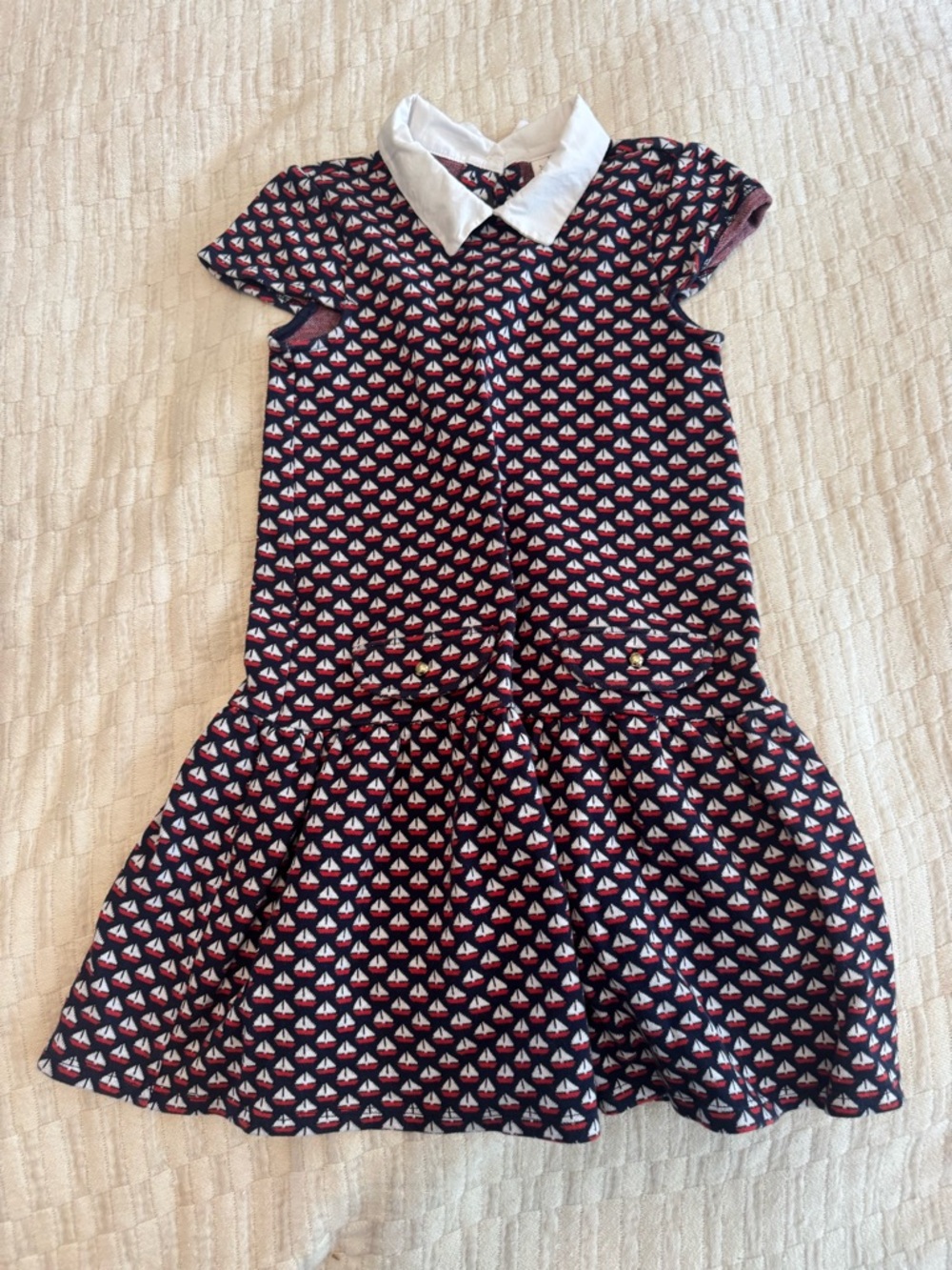 Janie and Jack Navy Dress with Red & White Sailboat Print and White Collar